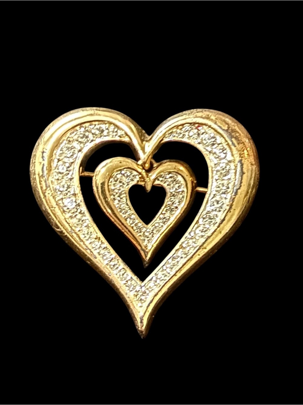 Vintage Gold Double Heart Rhinestone Brooch - Sparkling Gold Heart Pin